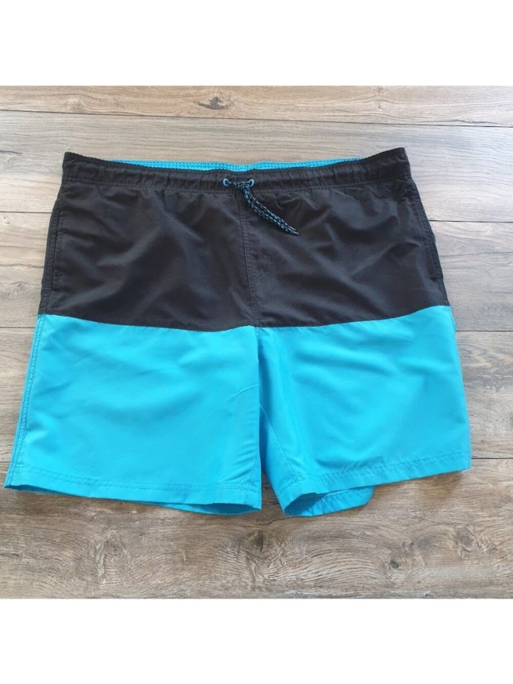 Faded Glory Mens Swim Trunks Large Colorblock Turquoise Black Drawstring Elastic